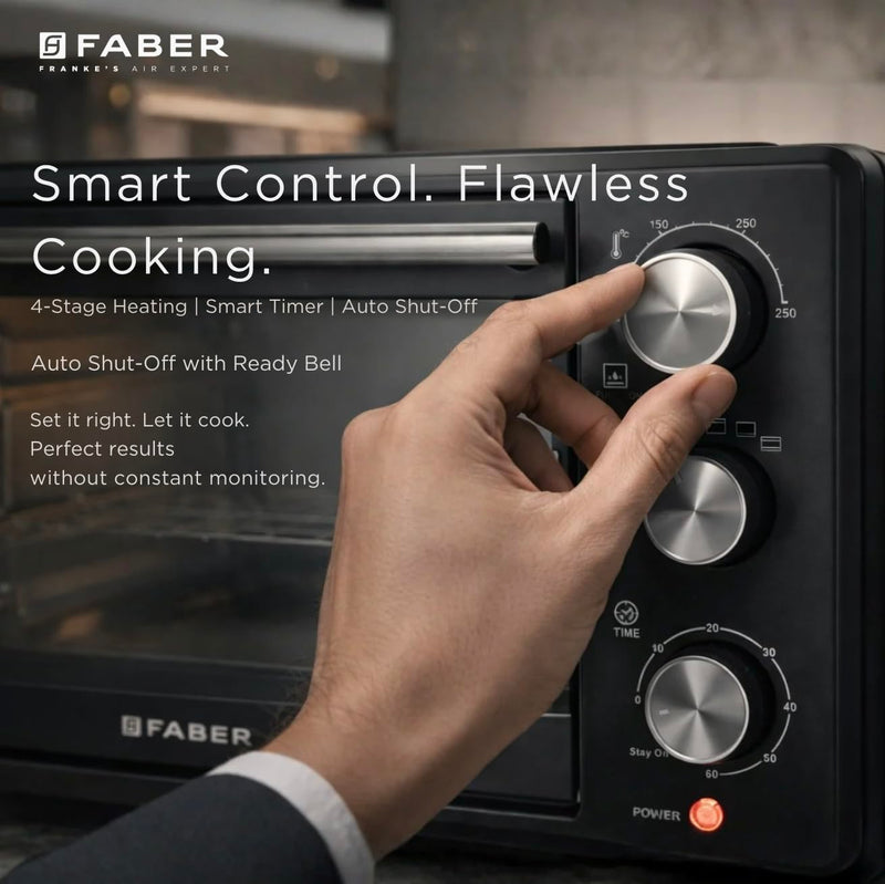 Faber FOTG 24L Neo|1500 Watts OTG|Bake,Toast, Grill| 4 Stage Functions,Upper & Lower Heating|Cool-Touch Handle, Heat Resistant Glass, Indicator Light, Auto-Shut, Ready Bell| Removable Crumb Tray