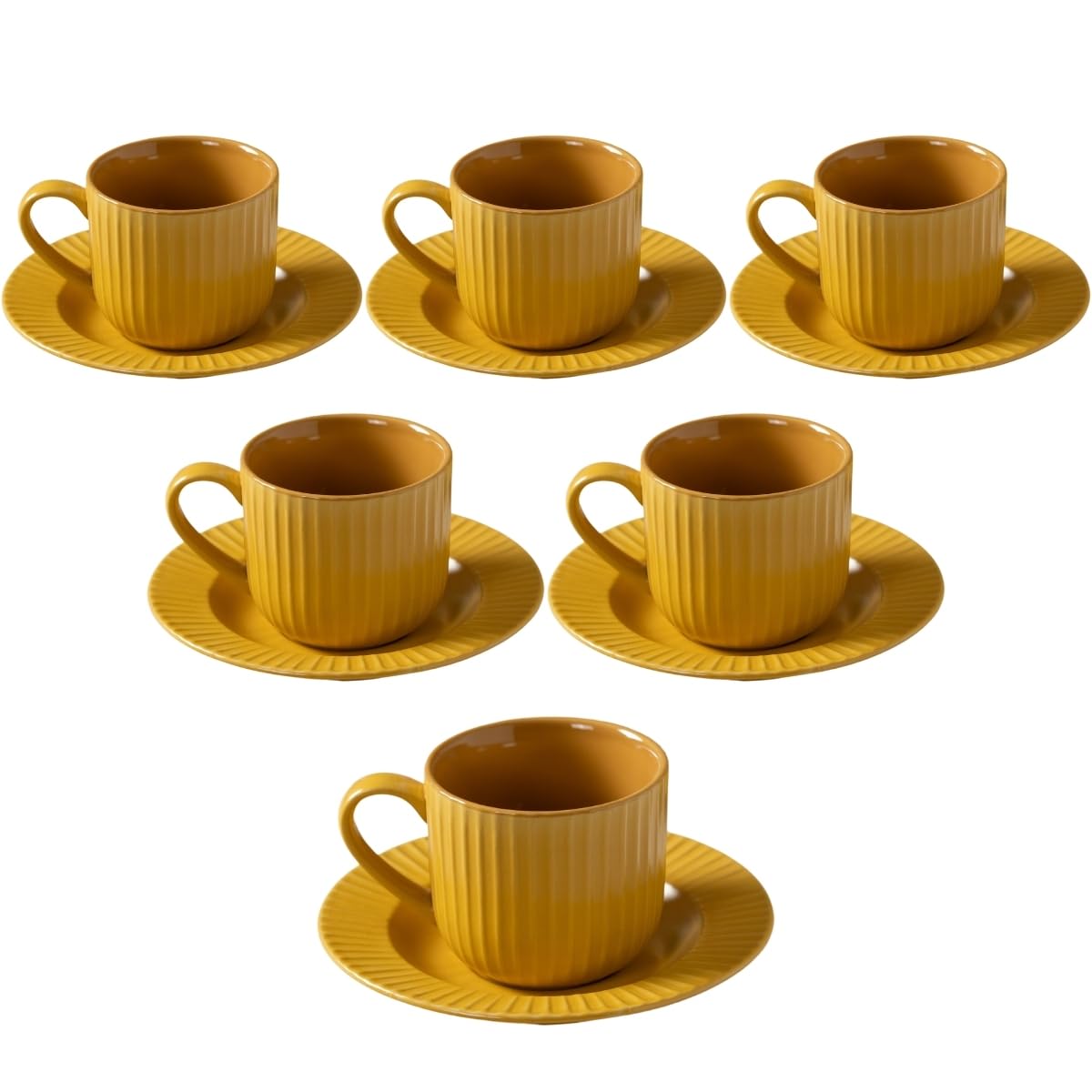 Clay Craft Fine Ceramic Linea Mustard Cups & Saucer, Set of 12, Cups for Tea & Coffee, Gift Set, Elegant Design for Home and Kitchen and Can Be Gifted to Your Loved Ones On Any Occassions