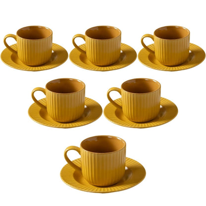 Clay Craft Fine Ceramic Linea Mustard Cups & Saucer, Set of 12, Cups for Tea & Coffee, Gift Set, Elegant Design for Home and Kitchen and Can Be Gifted to Your Loved Ones On Any Occassions