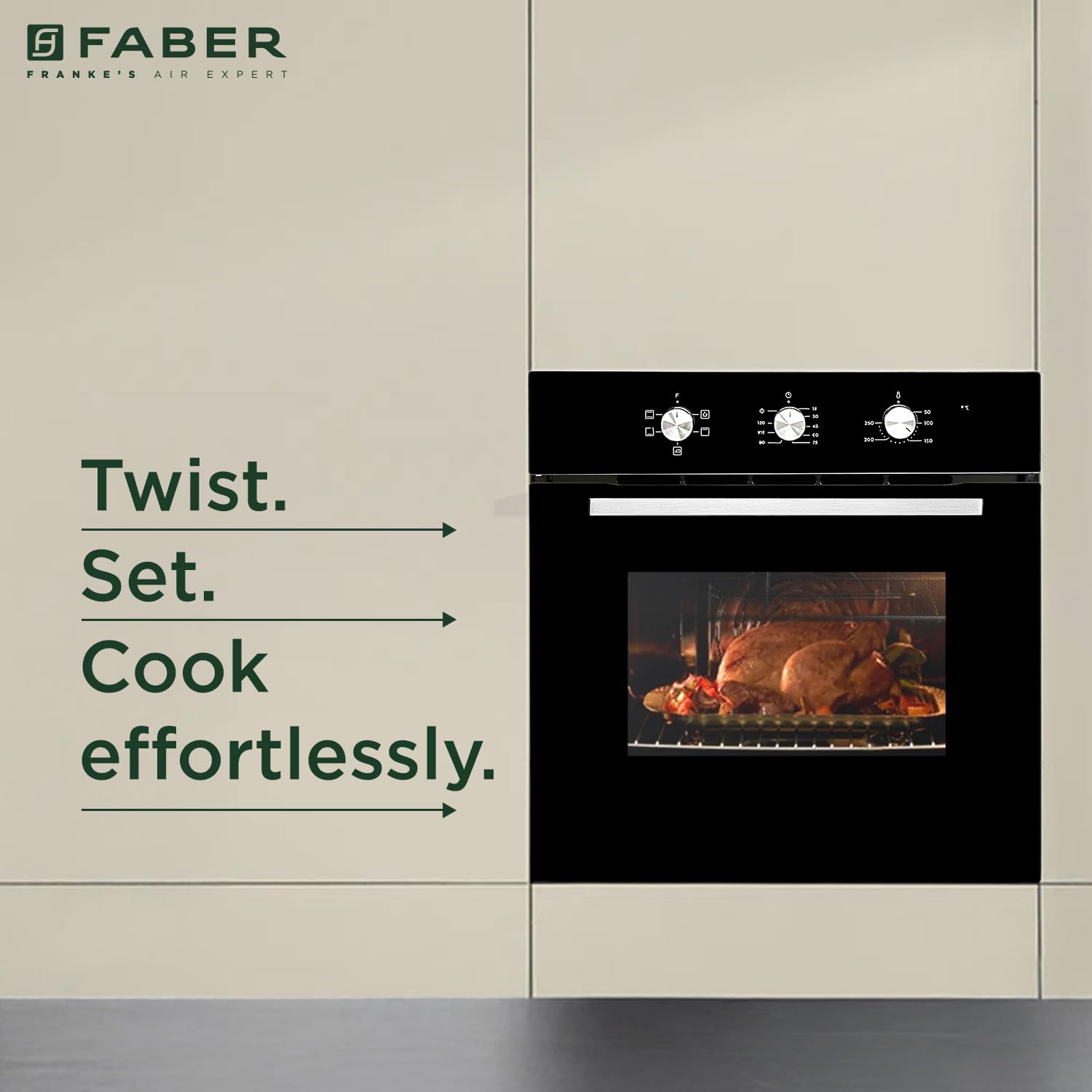 Faber 80L Built-In Full Black Glass Oven||Mechanical Timer||5 Cooking Functions with Grill Rack,Grill Tray||2-Layer Glass Door, 50–250°C Temp Range||FBIO 80L 5F BK||2Yr Comprehensive Warranty