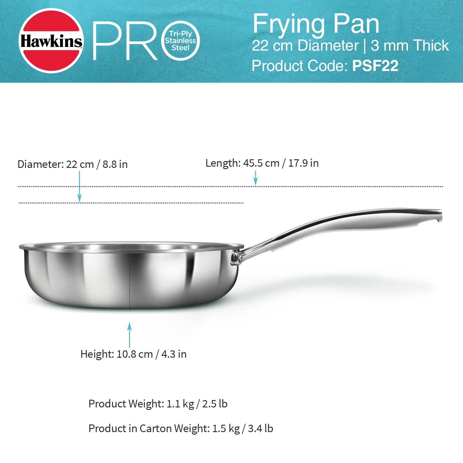 Hawkins Pro 22 cm Frying Pan, Triply Stainless Steel Fry Pan with Stainless Steel Handle, Silver (PSF22)