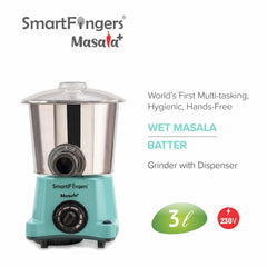 SmartFingers Masala + Table Top Wet Grinder 230V, 3 Liter, Green with Coconut Scrapper & Atta Kneader Attachment | Hands-Free Batter Dispenser | Top Wiper, 220W Motor | 5 Years Warranty | AISI 304