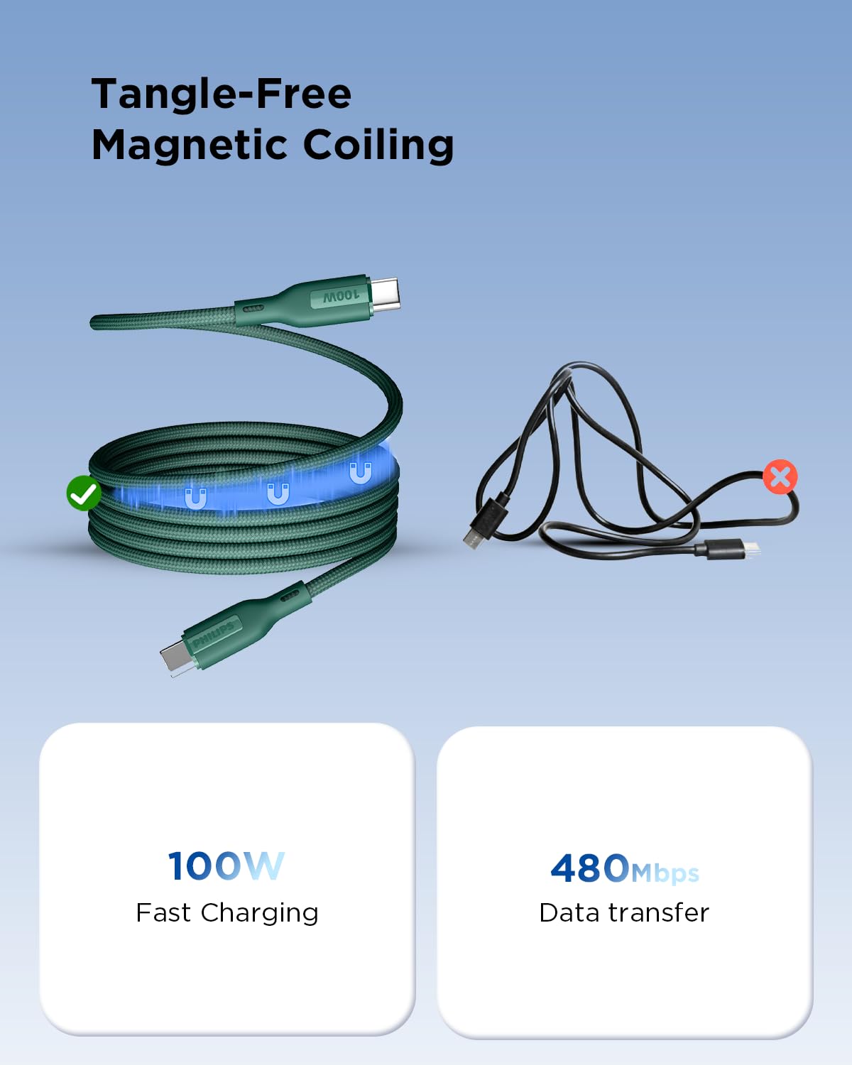 Philips 100W Magnetic Type C to Type C Fast Charging Cable (B0FMJ78RGZ)