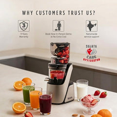 Sujata Cold Pressed Slow Juicer SJ01 | Ideal for Fruit, Vegetable Juices, Nut Milks, Smoothies & Frozen Desserts | Dual Feeding Chute | Reverse Function | Magnetic Safety Lock