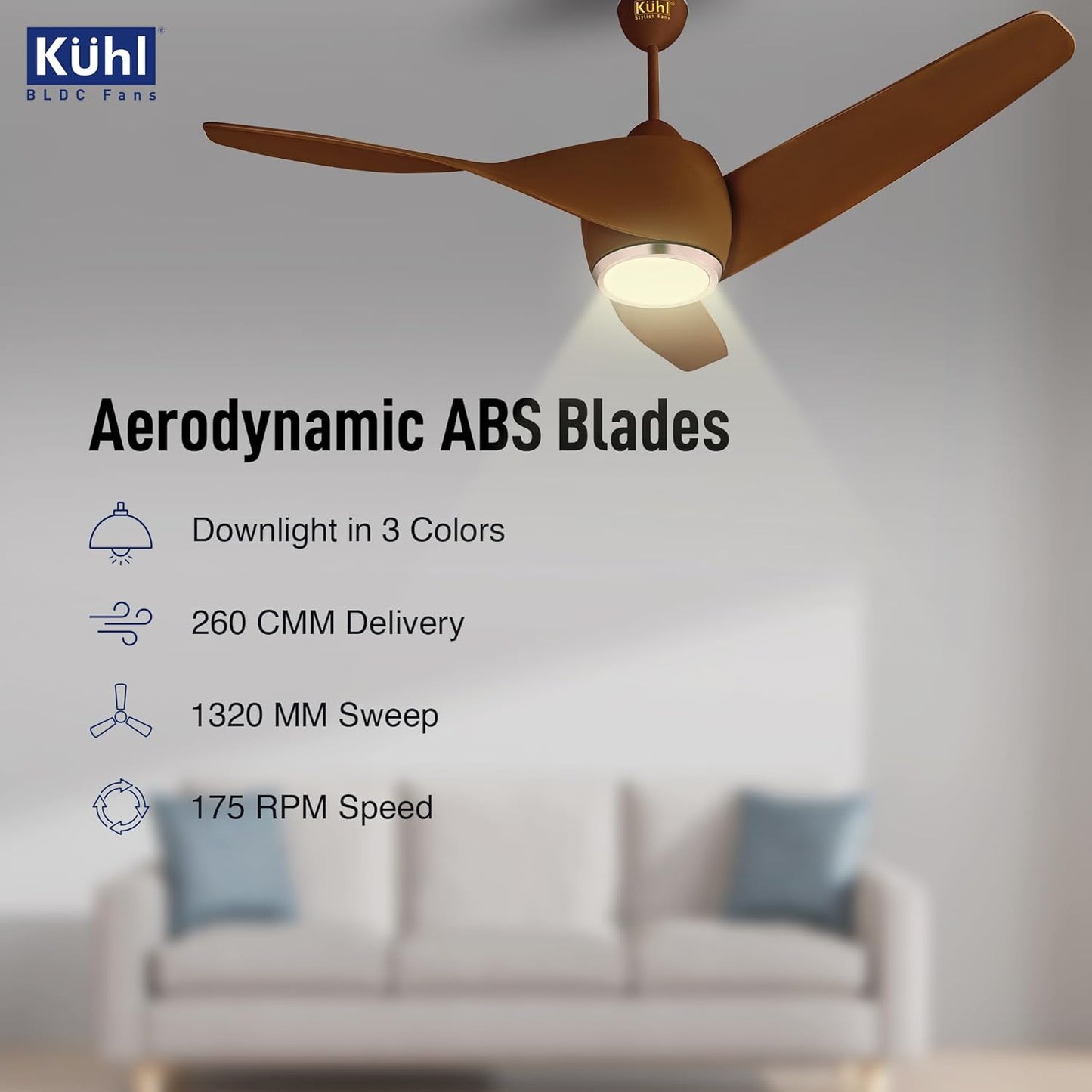 KUHL Twist L31320 mm 65% Power Saving BLDC Ceiling Fan | BEE 5 Star Rated & ISI Marked | High Air Flow |5YearWarranty on Motor By Brand |Free Installation | IoT – Operate via Mobile & Alexa | Brown