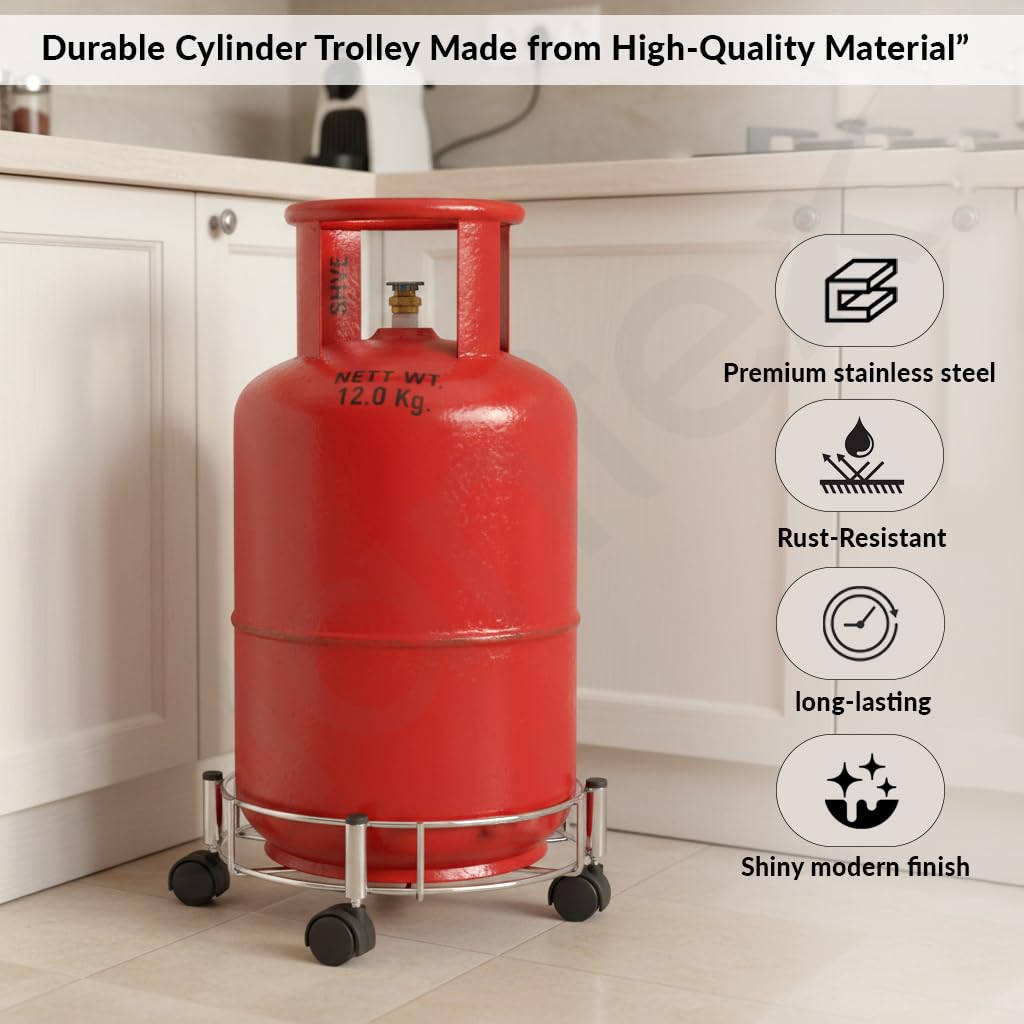 Plantex Gas Cylinder Trolley with Wheels/Stainless Steel LPG Cylinder Stand/Heavy Duty Rolling Gas Stand with Easy Movement Kitchen Lpg Trolley (Chrome, Pack of 1)-3