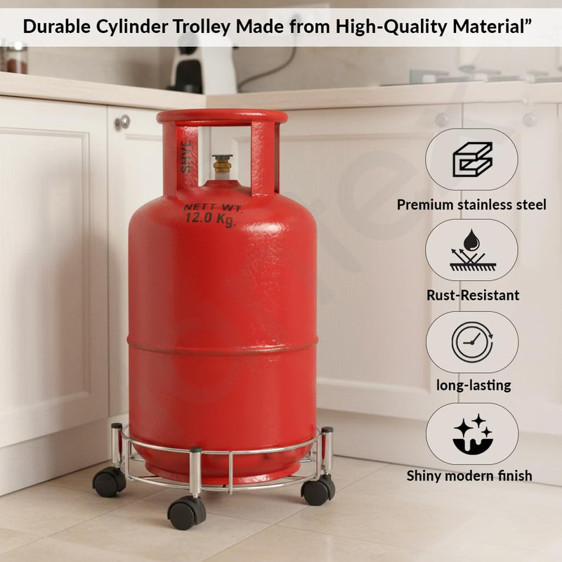 Plantex Gas Cylinder Trolley with Wheels/Stainless Steel LPG Cylinder Stand/Heavy Duty Rolling Gas Stand with Easy Movement Kitchen Lpg Trolley (Chrome, Pack of 1)-3