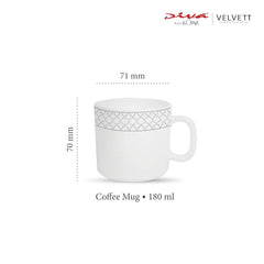 La Opala Diva, Velvett Collection Opal Glass Crockery | Coffee Mug Regular, Set of 6 | Pearl Grey, 190 ml | for Tea & Coffee | Microwave Safe | 100% Vegetarian | Extra Strong | Super Light & White