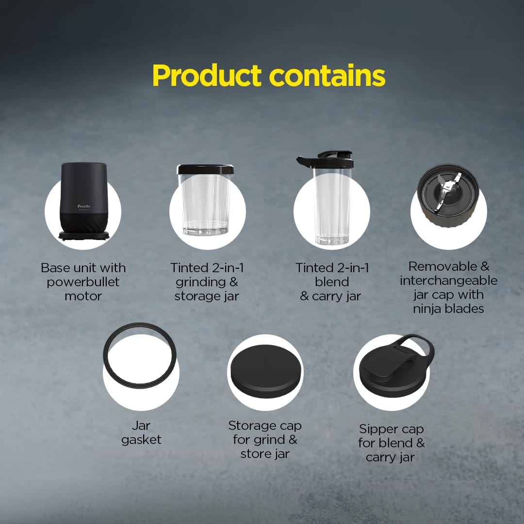 Preethi MiniBlend 300W Plastic Blender Mixer Grinder with 2 Jars, Razor Sharp Blades, for Smoothies, Purees, and Baby Food, Black