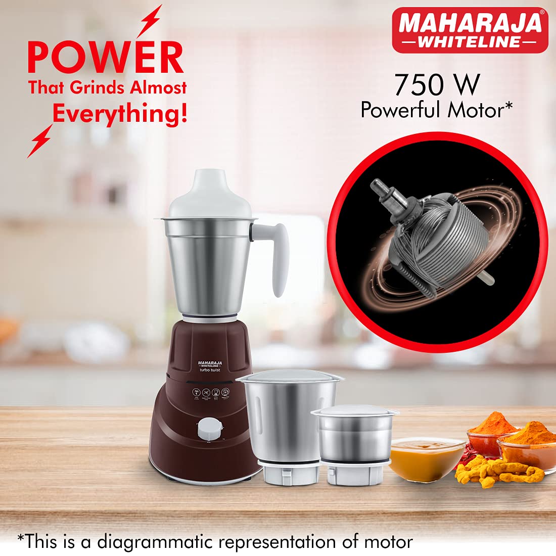 MAHARAJA WHITELINE TURBO TWIST MIXER GRINDER 750 Watt 3 Jar (Brown)