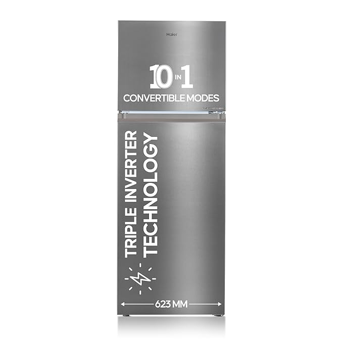 Haier 328 L 3 Star Frost Free Top Mount Double Door Refrigerator | Convertible 10-in-1 | Triple Inverter & Fan Motor Technology | Twist Ice Maker (HEF-333TS-P, Inox Steel)