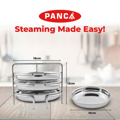 PANCA Stainless Steel Dhokla Maker, Thatte Idli Maker, 3 Big Plates, 16 cm Plates Set With Stand, Fits in all Cookers, Dhokla Stand | Dhokla Plate Only | Thattu Idli Plate | Idli and Dhokla Maker | Khaman Dhokla Plate