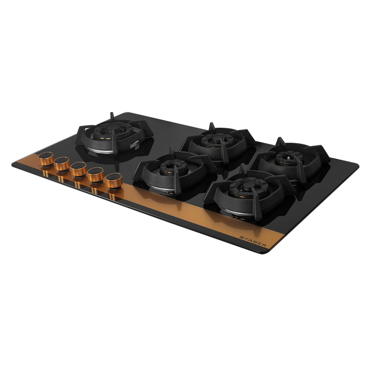 Faber 90cm 5Burner Gas Hob | Flame Failure Device | Cast Iron Pan Support | Metal Knobs | Dual Flame Burner | 8mm Toughe