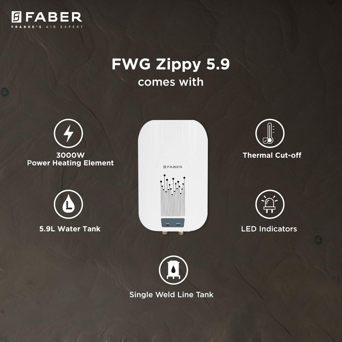 Faber Zippy Instant Geyser 5.9 Litre| 3000W | Free Pipe & Installation | Energy Efficient |5Yr Tank, 3Yr Heating Element