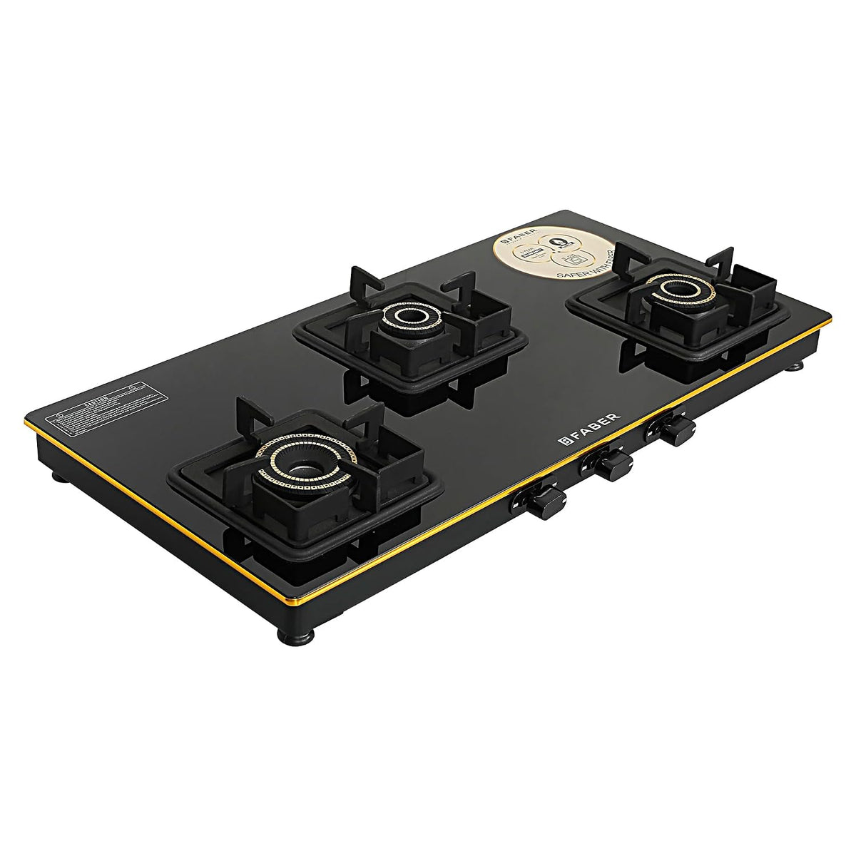 Faber Stylish 3 Brass Burners 77cm Sleek Cooktop |Manual Ignition|MS Powder Coated Pan Support|Black Glass Finish|5 Yrs 