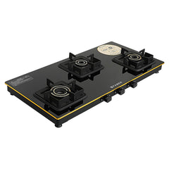 Faber Stylish 3 Brass Burners 77cm Sleek Cooktop |Manual Ignition|MS Powder Coated Pan Support|Black Glass Finish|5 Yrs 