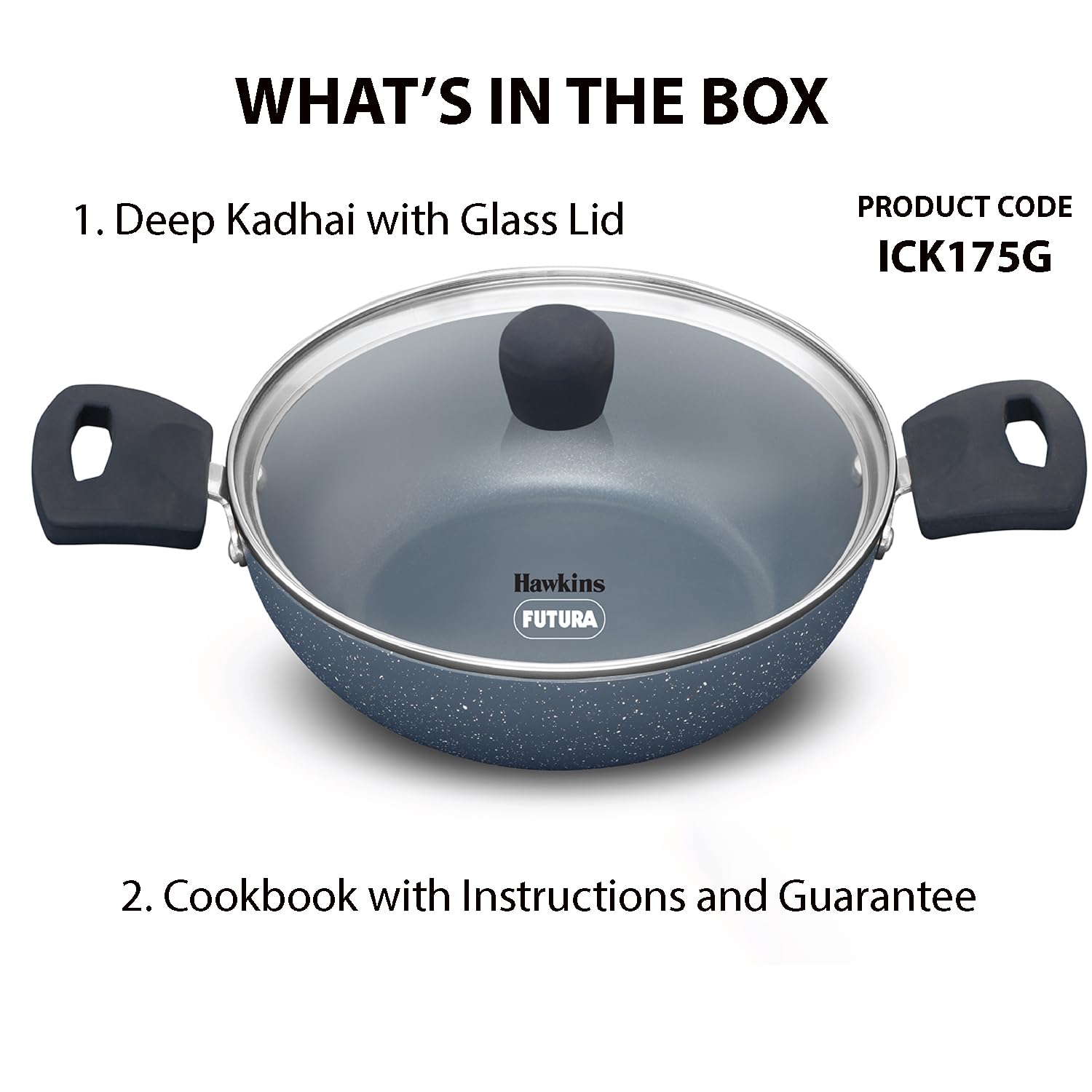 Hawkins Ceramic Nonstick 1.75 Litre Deep Kadhai, Induction Deep Fry Pan with Glass Lid, Granite Kadai (ICK175G)