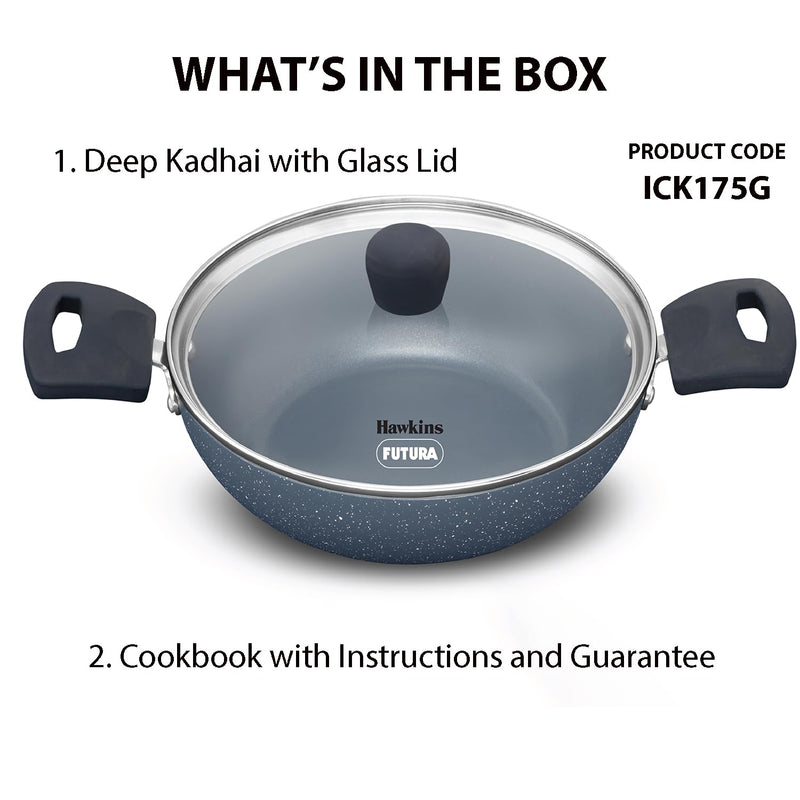 Hawkins Ceramic Nonstick 1.75 Litre Deep Kadhai, Induction Deep Fry Pan with Glass Lid, Granite Kadai (ICK175G)
