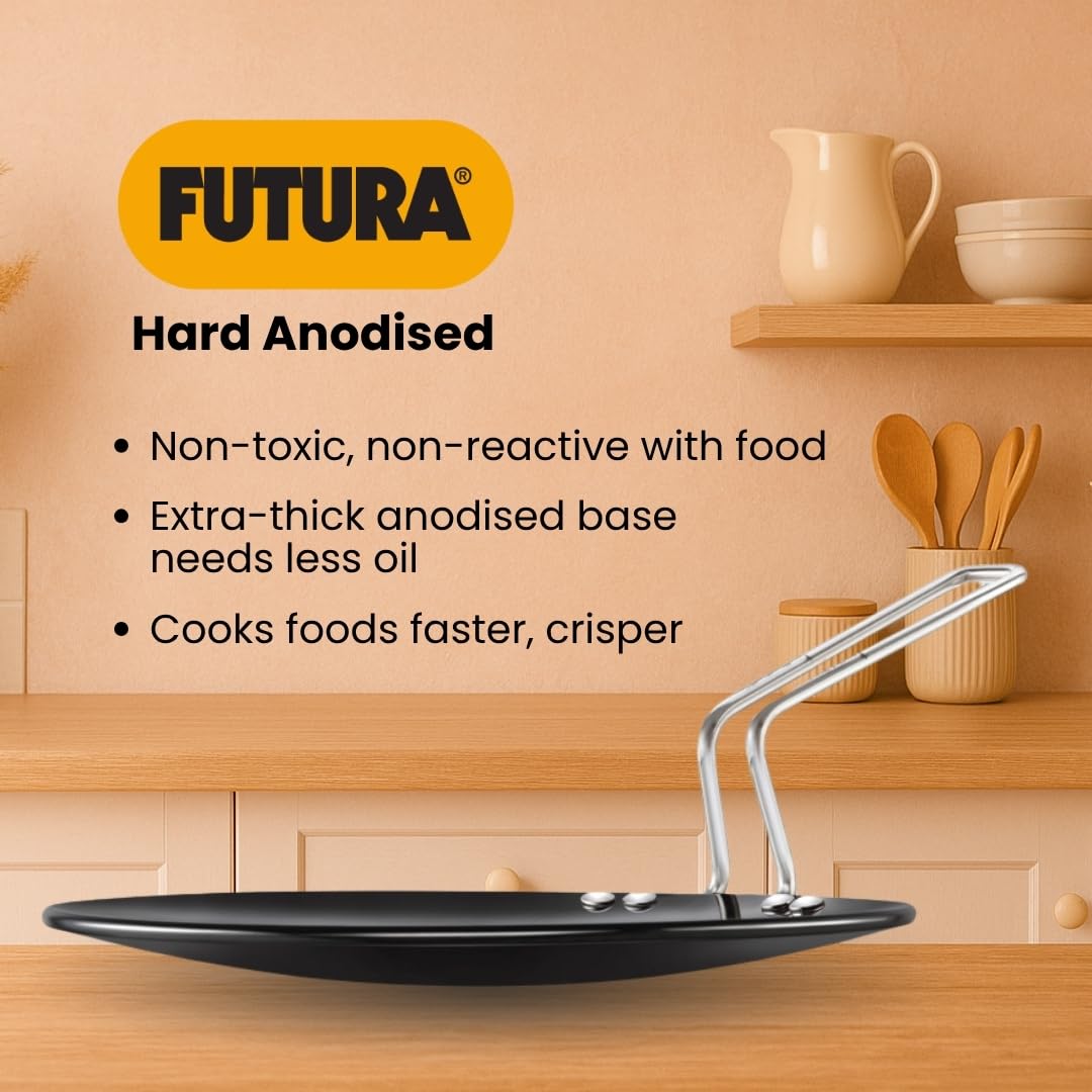 Hawkins Futura 28 cm Tava, Hard Anodised Tawa with Stainless Steel Handle, Black (AT28)