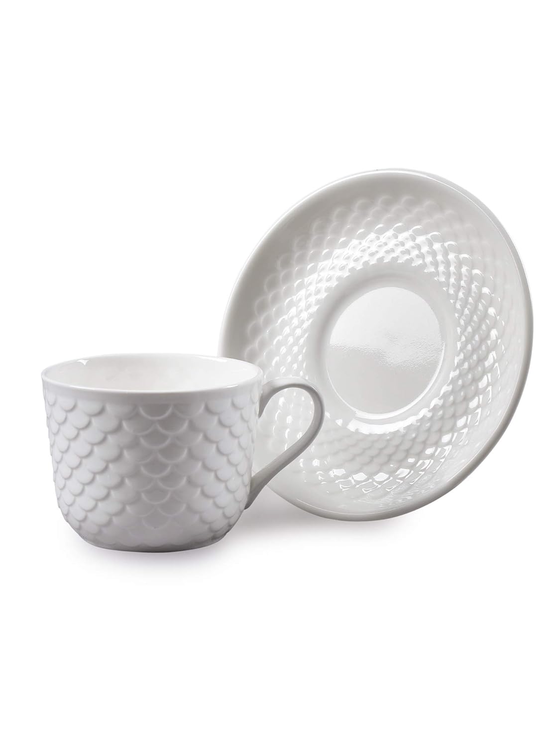 Clay Craft Basics Ripple Style White Plain Cup & Saucer Set of 12 Pcs- 8 Ounce Specialty Tea Drinks,Coffee,Latte