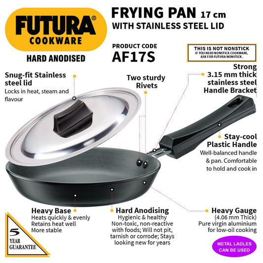 Hawkins Futura 17 cm Frying Pan, Hard Anodised with Stainless Steel Lid, Small Frying Pan, Black (AF17S)