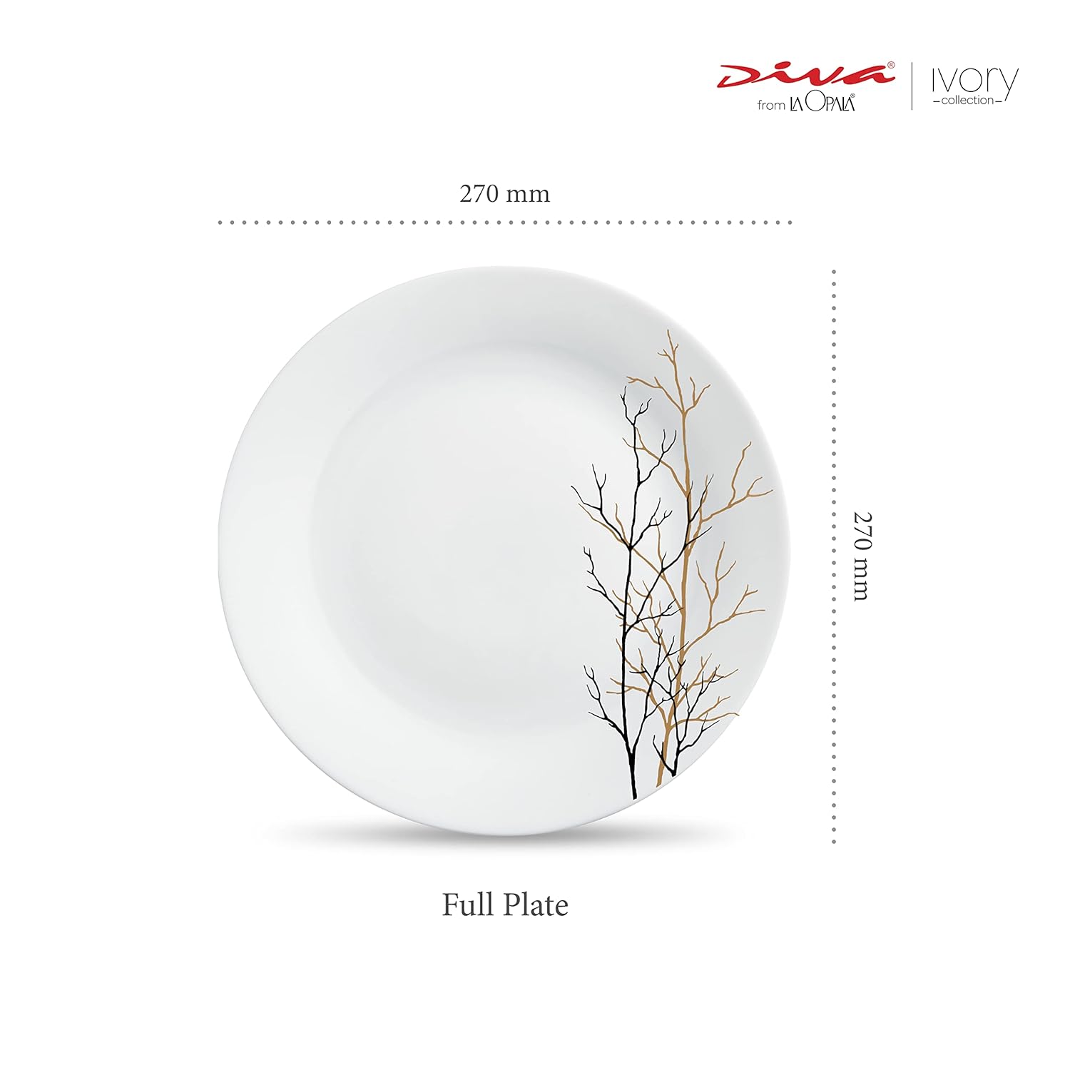 La Opala Diva, Ivory Collection, Opal Glass Full Plate Set 11" 6 pcs, Golden Fall, White, Standard