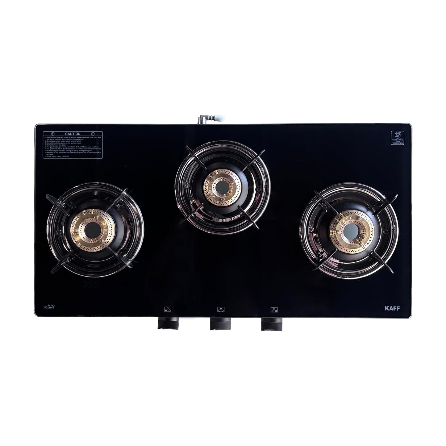 KAFF Cooktop | 3 Burners with Slim Line Design 71 CM | High Efficiency Brass Burners, Black Tempered Glass | Matt Enamelled Pan Support | Black | CTR71-3B