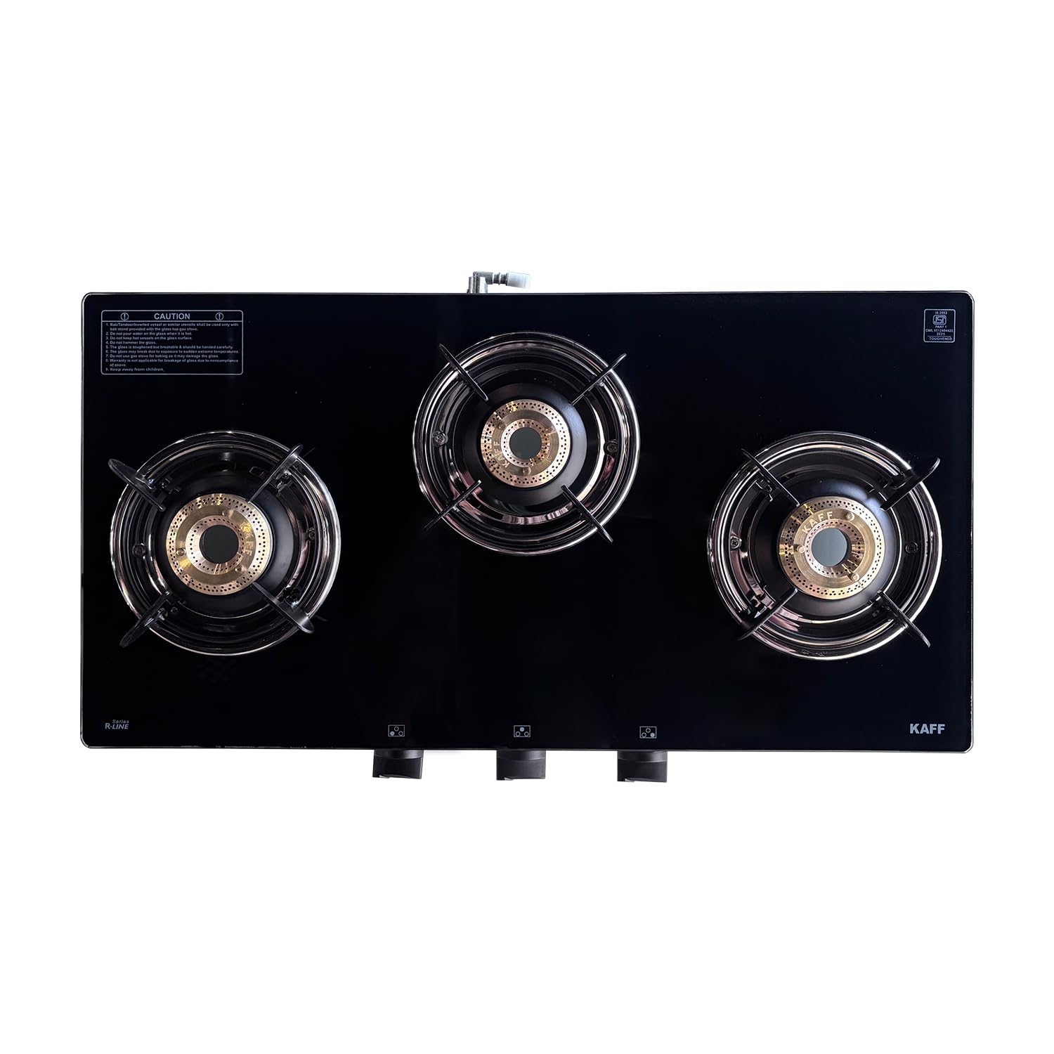 KAFF Cooktop | 3 Burners with Slim Line Design 71 CM | High Efficiency Brass Burners, Black Tempered Glass | Matt Enamelled Pan Support | Black | CTR71-3B