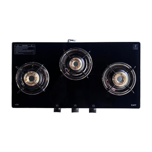 KAFF Cooktop | 3 Burners with Slim Line Design 71 CM | High Efficiency Brass Burners, Black Tempered Glass | Matt Enamelled Pan Support | Black | CTR71-3B