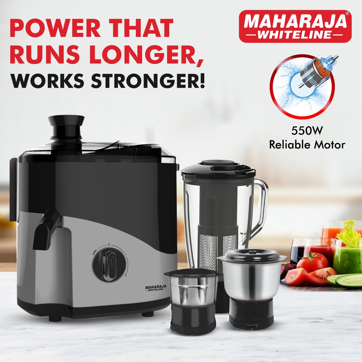 Maharaja Whiteline Odacio Plus 550-Watt Juicer Mixer Grinder With 3 Versatile Jars | Food Grade Safe | 2 year warranty (Black & Silver), 550 Watts