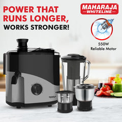 Maharaja Whiteline Odacio Plus 550-Watt Juicer Mixer Grinder With 3 Versatile Jars | Food Grade Safe | 2 year warranty (Black & Silver), 550 Watts