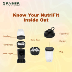 Faber Sportz 2-in-1 Nutrifit Nero Blender Mixer Grinder - 400W, 100% Copper Motor, Detachable SS Blade, 500ML & 300ML Ja