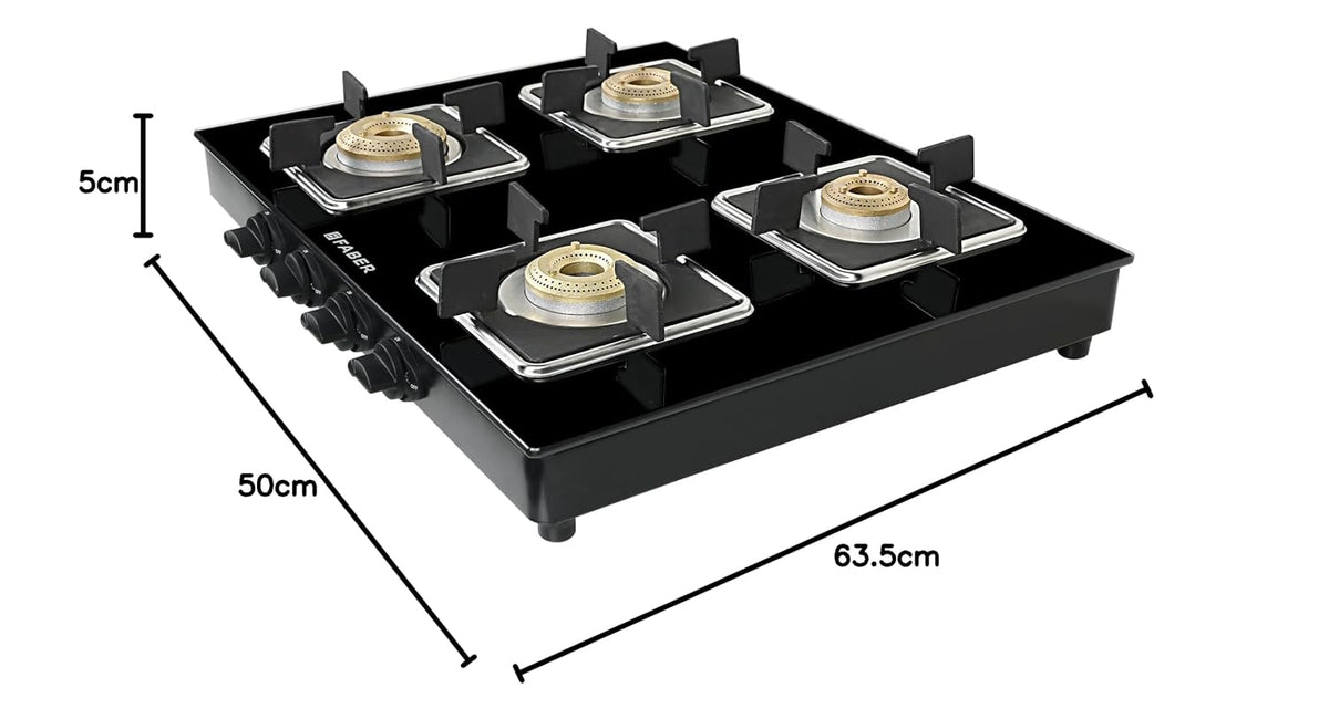Faber Glass Top 4 Burner Gas Stove (Hob Cooktop Pearl 4BB BK) with Jumbo Burner, Diamond Coated Pan Support, Manual Igni