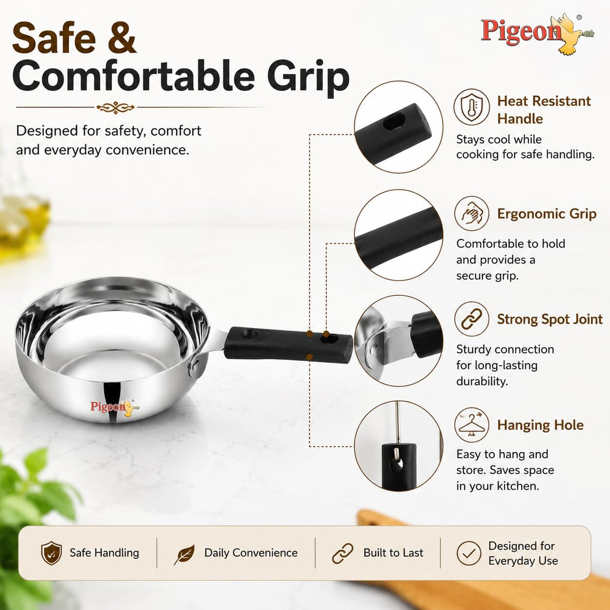 Pigeon Stainless Steel Olive Tadka Pan for Spice Tempering, Long Handle, Induction and Gas Compatible