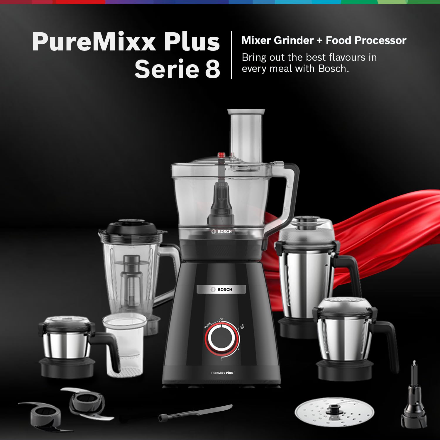 Bosch PureMixx Plus 800W Powerful Mixer Grinder with Food Processor | 5 Jars | 40+ Functions | Atta Kneading, Chopping, Wet & Dry Grinding | Hands Free Operation | 7 Year Motor Warranty 【MP8515A1KI】