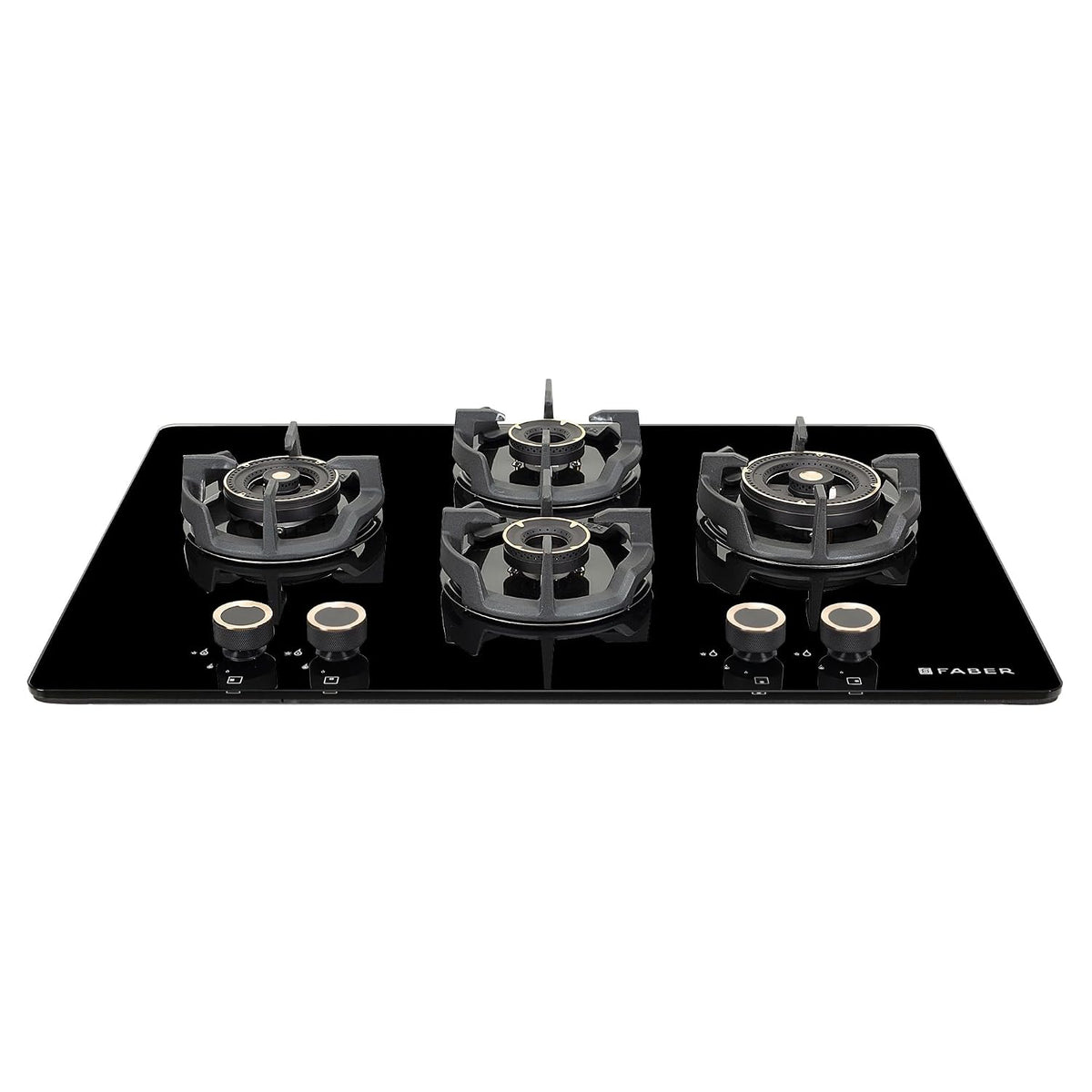 Faber 75Cm 4 Burner Hob|Auto Ignition|Built-In Or Hobtop|Flame Failure Device|Cast Iron Pan Support|Glass Finish|Metal K