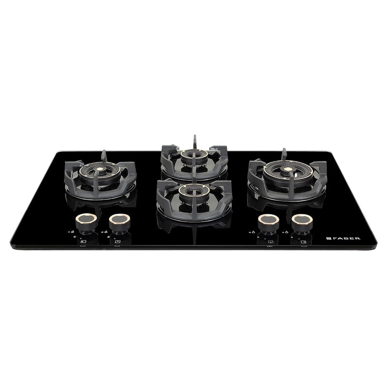 Faber 75Cm 4 Burner Hob|Auto Ignition|Built-In Or Hobtop|Flame Failure Device|Cast Iron Pan Support|Glass Finish|Metal K