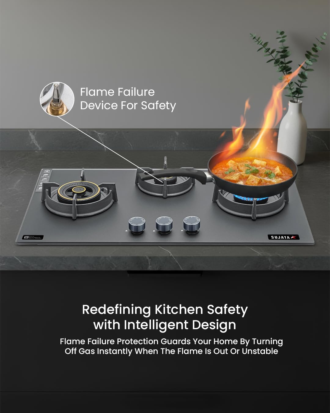 Sujata 3 Burner Gas Stove Glass Top | 5 Years Warranty | Auto Ignition Gas Stove 3 Burner, CookTop cum Hob Top 3 Burners, LPG & PNG Compatible, Brass Burner (Palladium FFD Auto Ignition - Black)