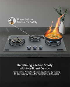 Sujata 3 Burner Gas Stove Glass Top | 5 Years Warranty | Auto Ignition Gas Stove 3 Burner, CookTop cum Hob Top 3 Burners, LPG & PNG Compatible, Brass Burner (Palladium FFD Auto Ignition - Black)