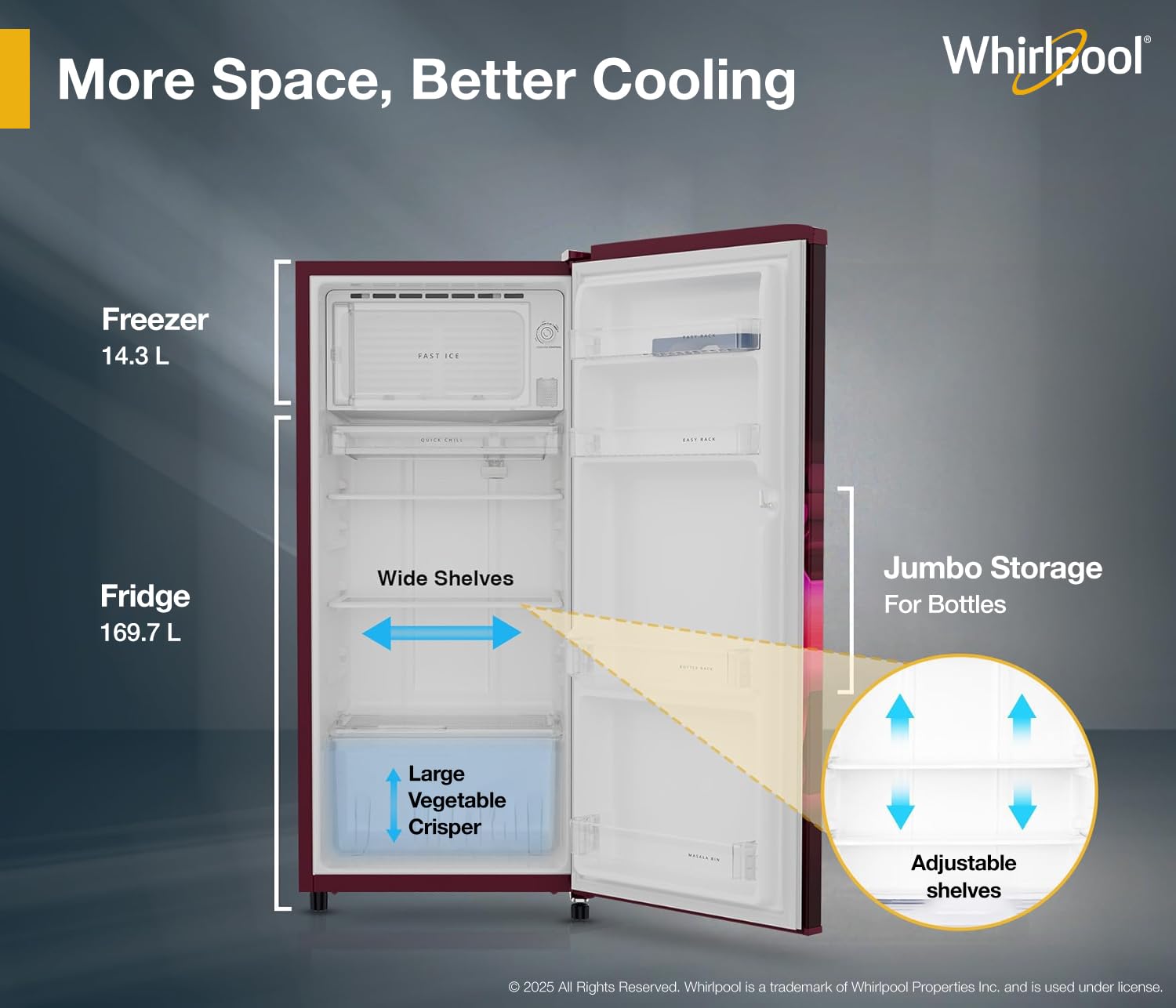 Whirlpool 184 L 2 Star Direct-Cool Single Door Refrigerator (205 WDE PRM 2S WINE SERENA-Y, Red, 2026 Model)