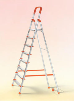 HOUZA Aluminium Ladder for Home 8 Steps Foldable with Anti-Skid Wide Steps | Multi-Purpose Heavy Duty Ladder, Kitchen & Household | 250 Kg Load Capacity | 5 Year Warranty (Orange)