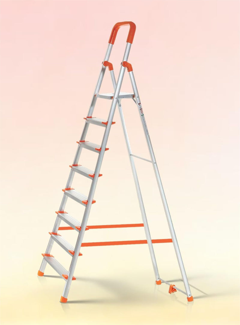 HOUZA Aluminium Ladder for Home 7 Steps Foldable with Tool Tray & Anti-Skid Wide Steps | Multi-Purpose Heavy Duty Ladder, Kitchen & Household | 250 Kg Load Capacity | 5 Year Warranty (Orange)
