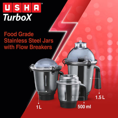 USHA 1200W TurboX Mixer Grinder | Faster and finer grinding | 100% Copper motor for long life, durability | 4 Stainless Steel Jars With Fruit Filter | 24000 rpm | 90 minutes continuous run time