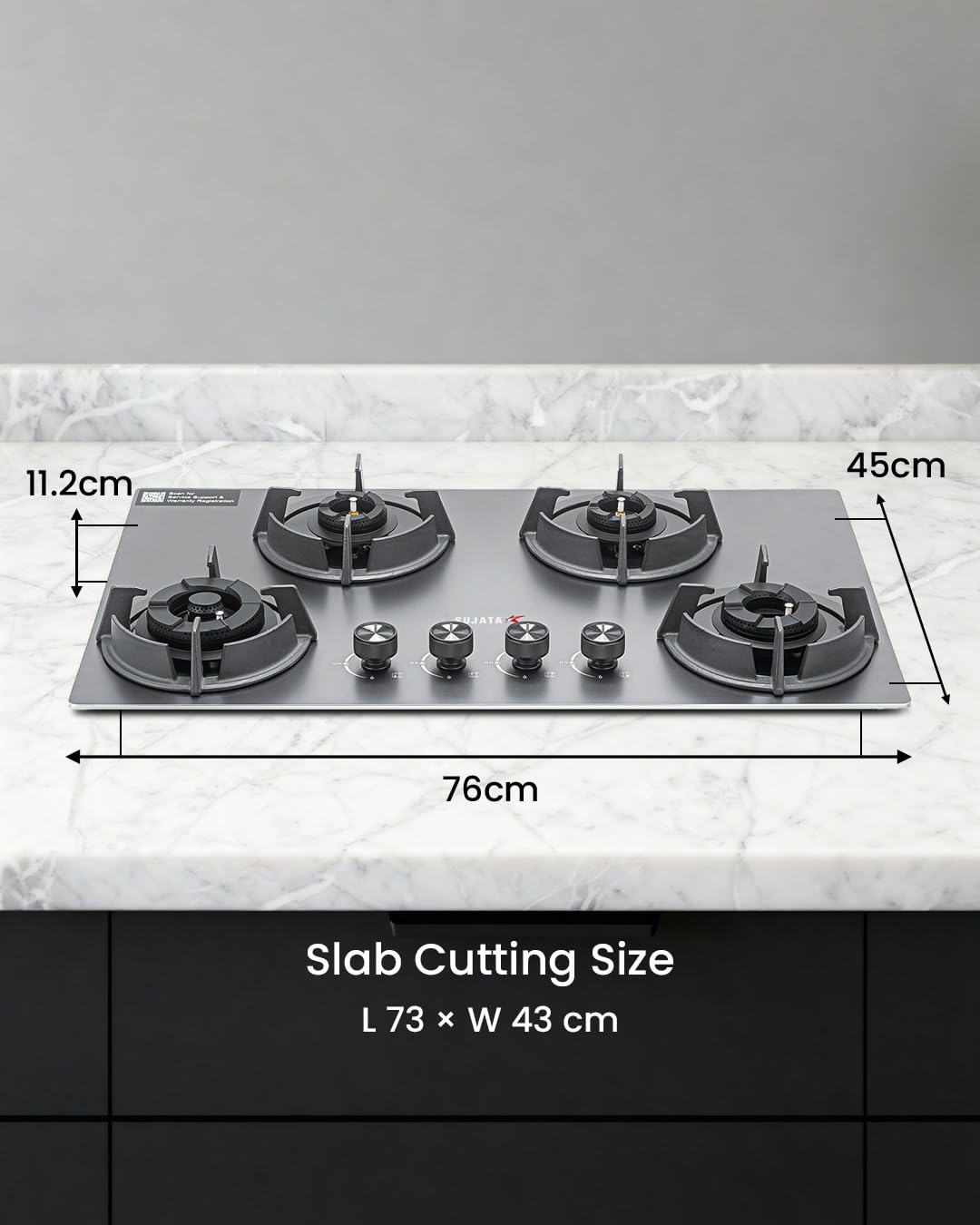 Sujata Gas Stove 4 Burners | 5 Years Warranty | 4 Burner Gas Stove Stainless Steel Auto Ignition, CookTop cum Hob Top, LPG Ready & PNG Compatible, Brass Burner (Osmium - 4 Burner Auto Ignition)