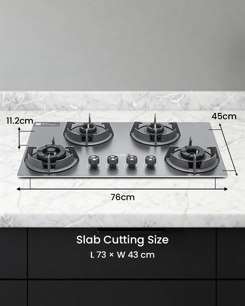 Sujata Gas Stove 4 Burners | 5 Years Warranty | 4 Burner Gas Stove Stainless Steel Auto Ignition, CookTop cum Hob Top, LPG Ready & PNG Compatible, Brass Burner (Osmium - 4 Burner Auto Ignition)
