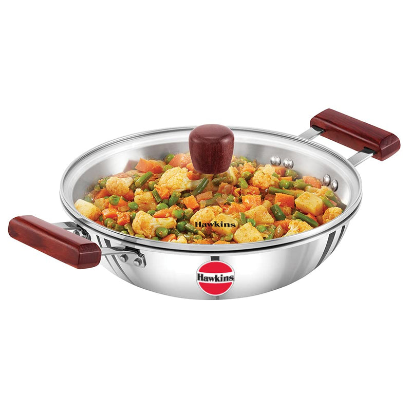 Hawkins 1.5 Litre Deep Fry Pan, Triply Stainless Steel Kadai, Flat Bottom Induction Kadhai, Small Kadai, Silver (SSD15)