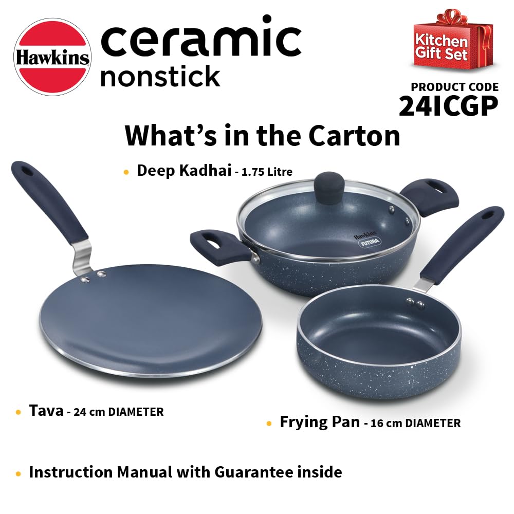 Hawkins Ceramic Nonstick 3-Piece Kitchen Gift Set - 1.75 L Deep Kadhai, 16 cm Frying Pan and 24 cm Tava, Grey (24ICGP)