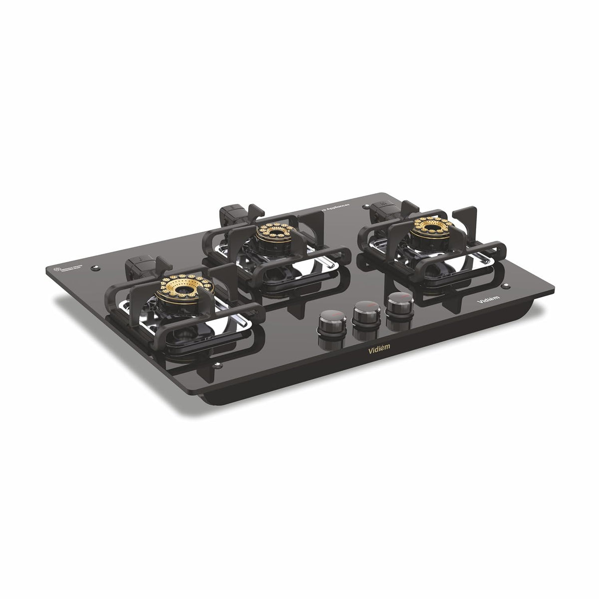 Vidiem Vogue Vesta Gas Stove 3 Burners Glass Top | Removable Special Brass Burner | 8mm Toughened Glass | 10mm Thick Pan