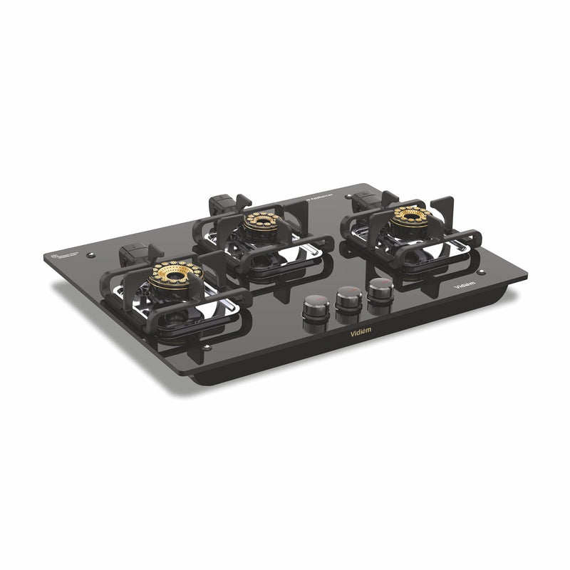 Vidiem Vogue Vesta Gas Stove 3 Burners Glass Top | Removable Special Brass Burner | 8mm Toughened Glass | 10mm Thick Pan