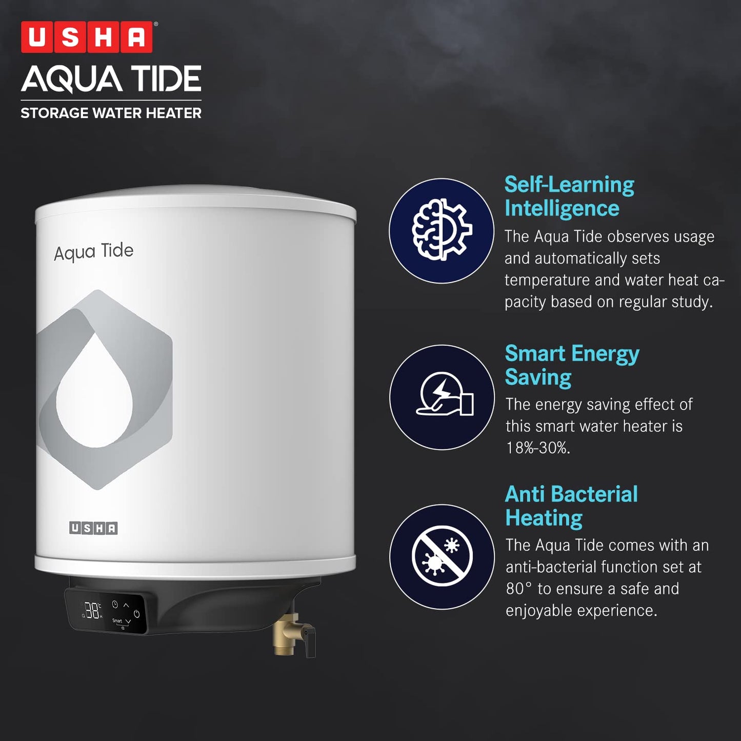 Usha Aqua Tide 15 Litre 5 Star Digital Storage Water Heater (White)